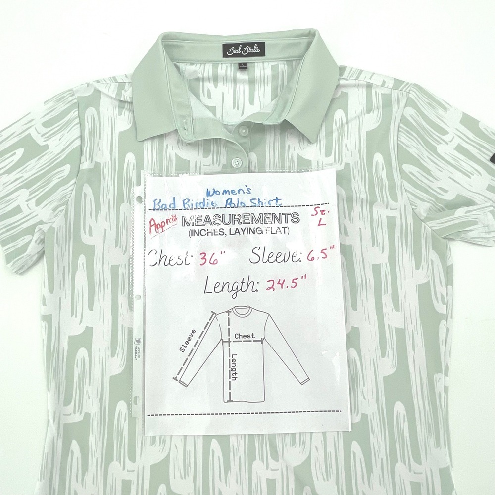 Bad Birdie Womens Polo Shirt Size L Green EUC Cactus Print Short Sleeve - Picture 7 of 7
